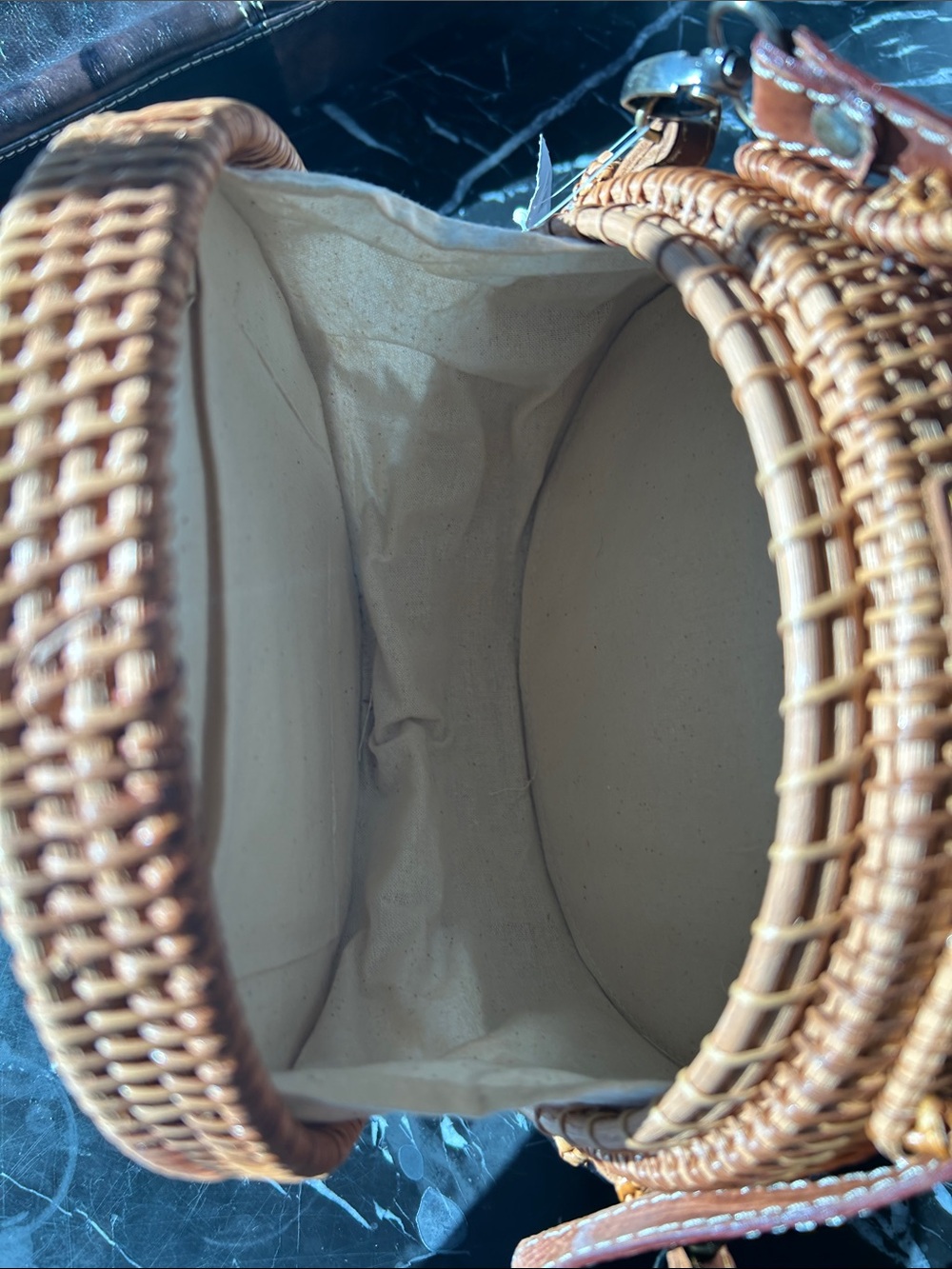 Woven Round Straw Crossbody Bag with Brown Leather Strap - Picture 6 of 6